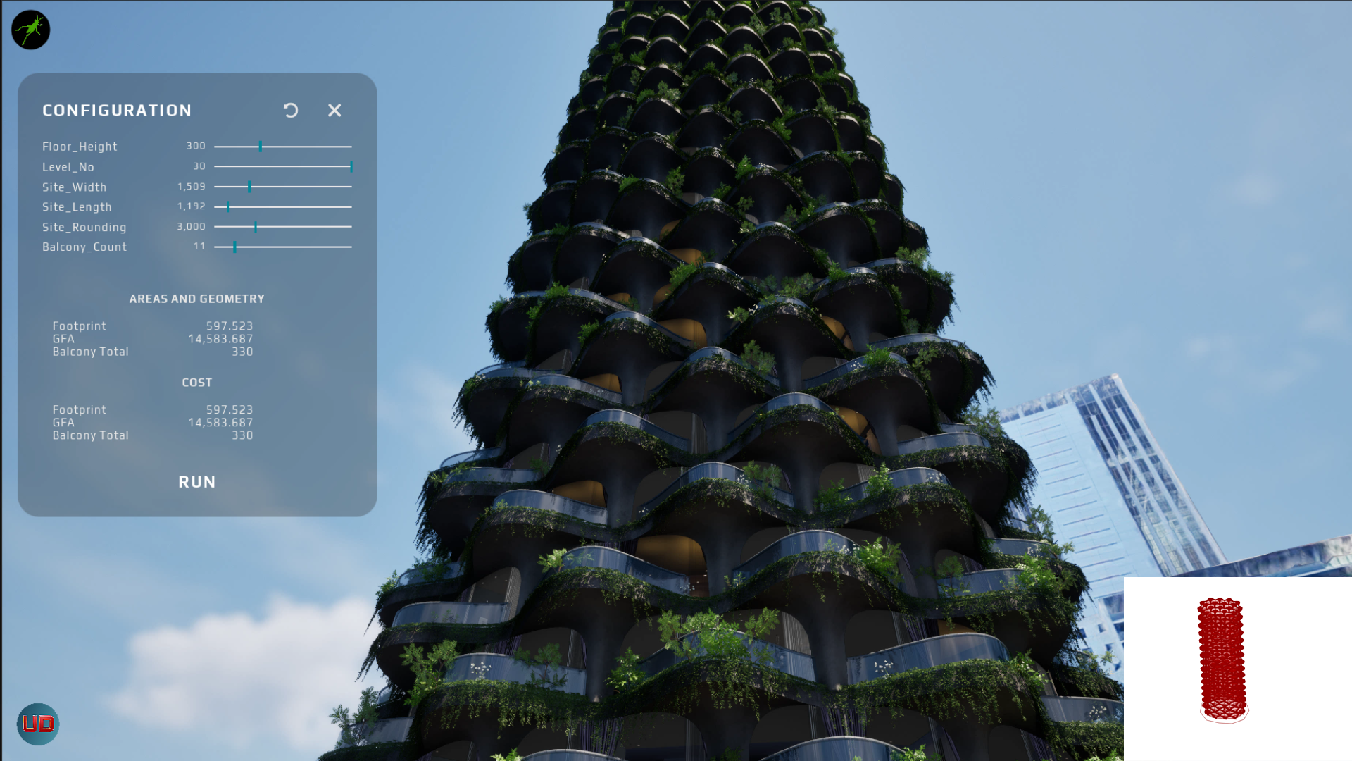Residential tower facade study rendered in real time