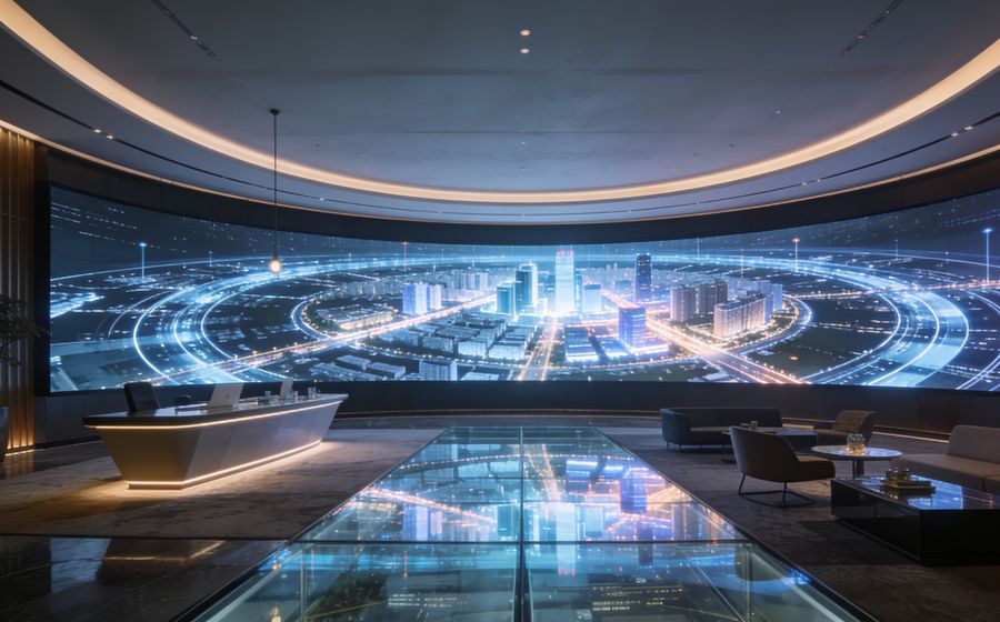 City operations room with live data feeds visualised over a 3D city model