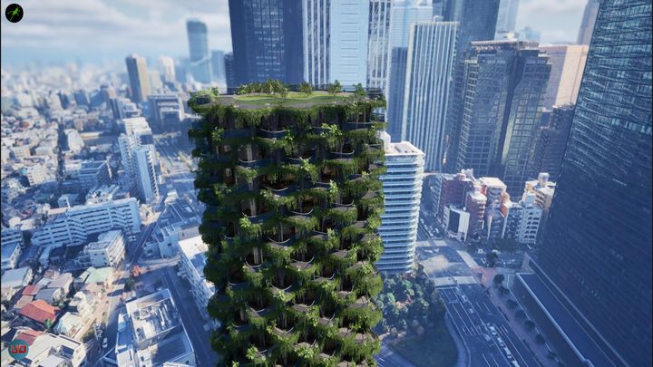 Vertical garden tower digital twin rising over a dense city, with its configuration panel