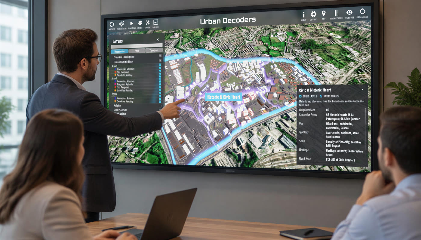 Officer presenting the Stockport East twin on a meeting-room screen, pointing at the Historic and Civic Heart area