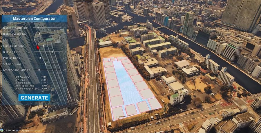 Arki Engine Masterplan Configurator laying out 19 buildings on a 19,551 square metre riverside plot