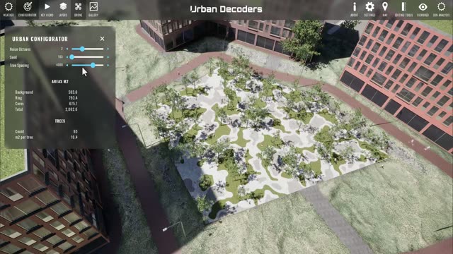Urban configurator generating a park and the blocks around it, with plot area, units and green-space ratio on screen