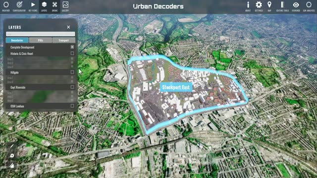 GIS layers panel over the Stockport East twin